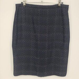 Tory‎ Burch Plaid Tweed Pencil Skirt 6 Drew Glazed Shimmer Navy Blue